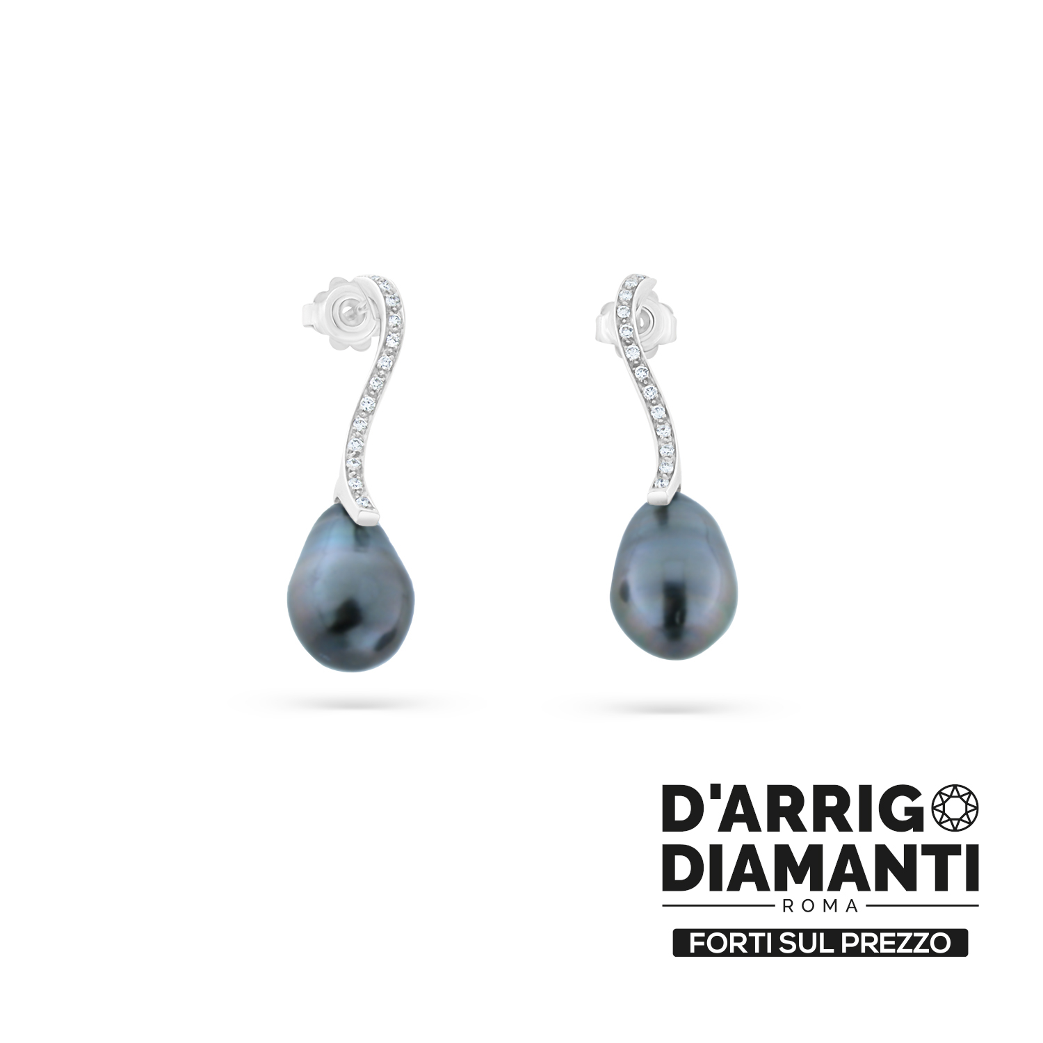 Orecchini con Perle Scure e Diamanti in Oro Bianco 18kt – Pendenti Eleganti